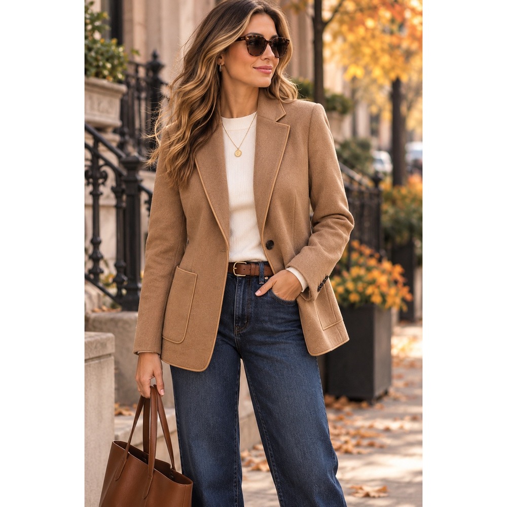 Chic Minimalist Luxury Camel Wool Cashmere Blazer Work Quiet Luxury Preppy Sz 8